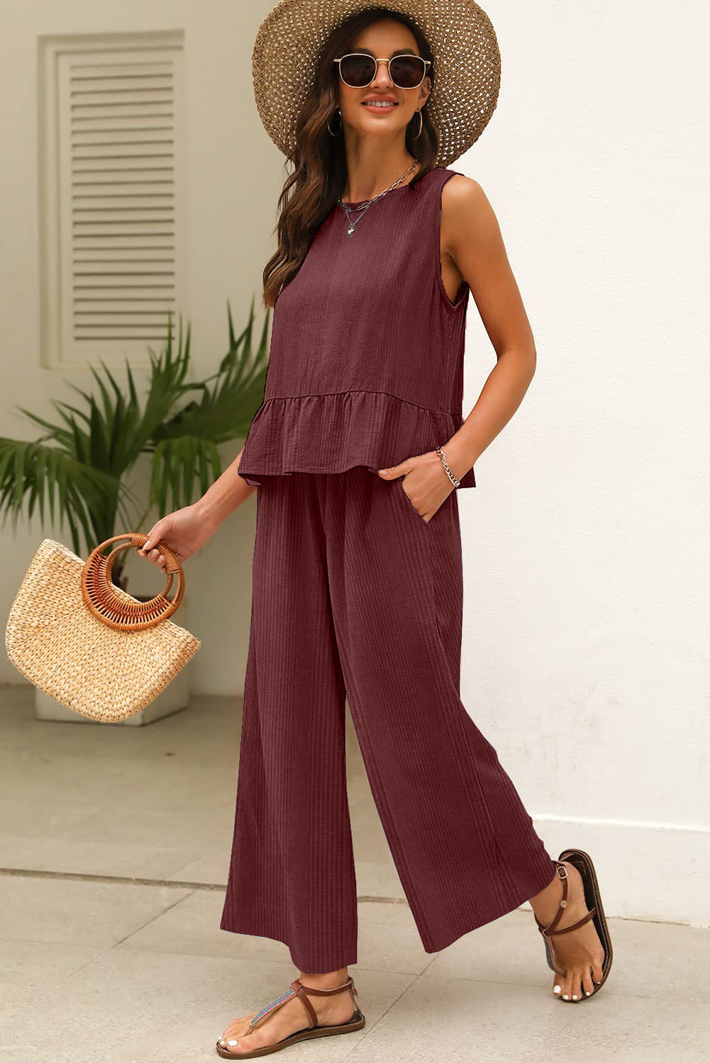 Red Dahlia Solid Colour Ribbed Ruffle Tank Top and Trousers Set eAura