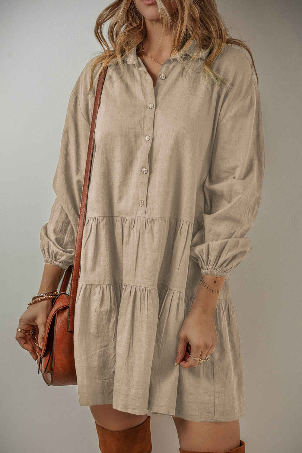 Tan Puff Sleeve Buttoned Tiered Pleated Shirt Mini Dress Beagle Boutique Fashion Outlet