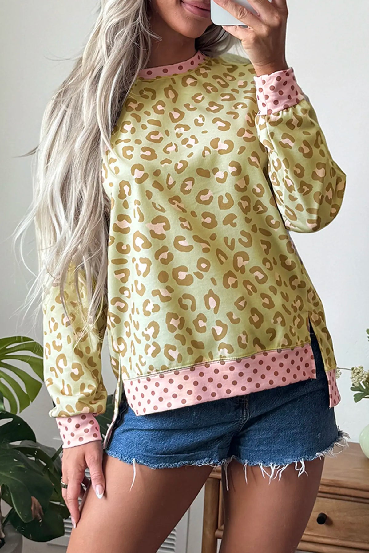 Leopard Polka Dot Colourblock Trim Long Sleeve Top – Khaki