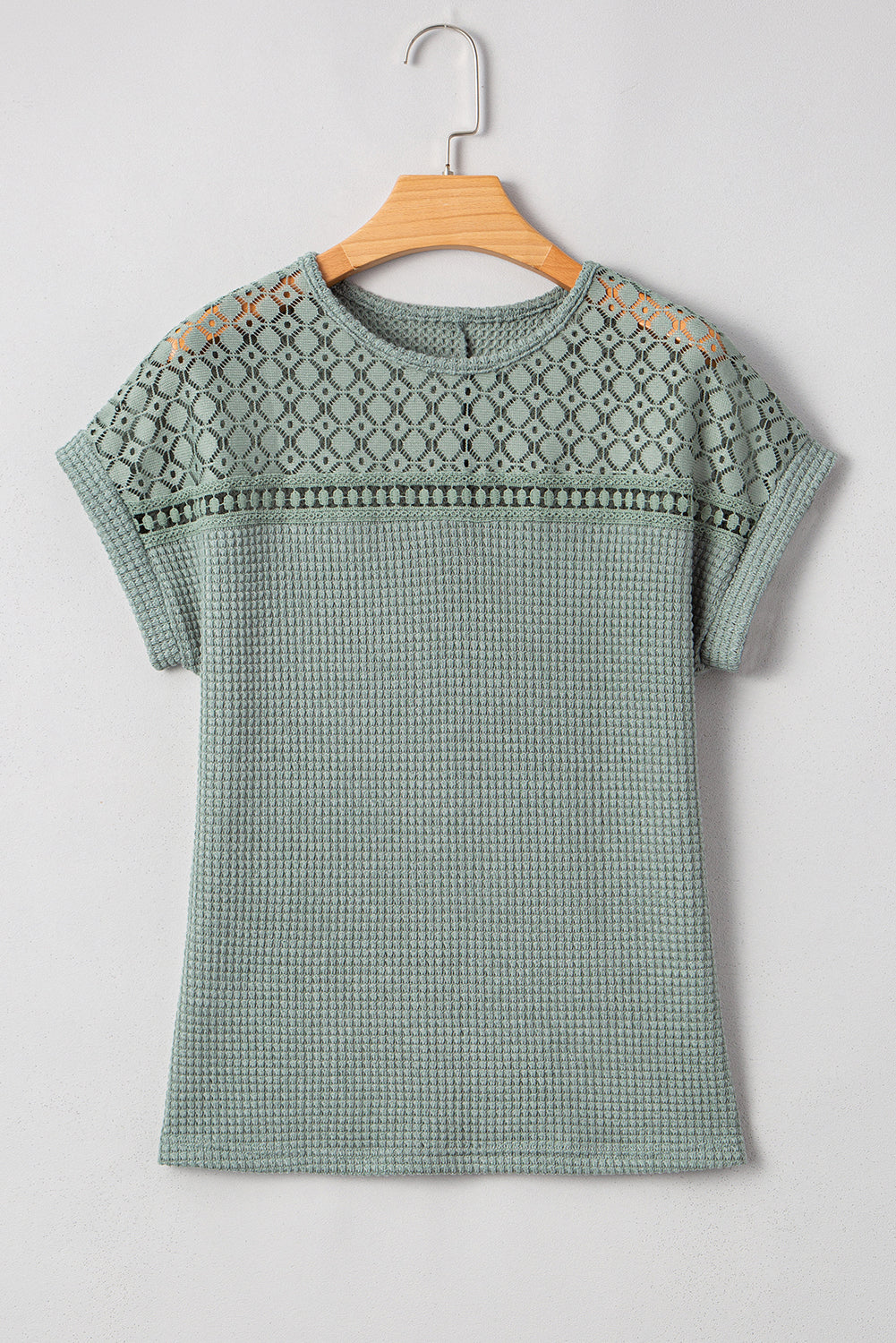 Mist Green Lace Patchwork Waffle Short Sleeve Top eAura