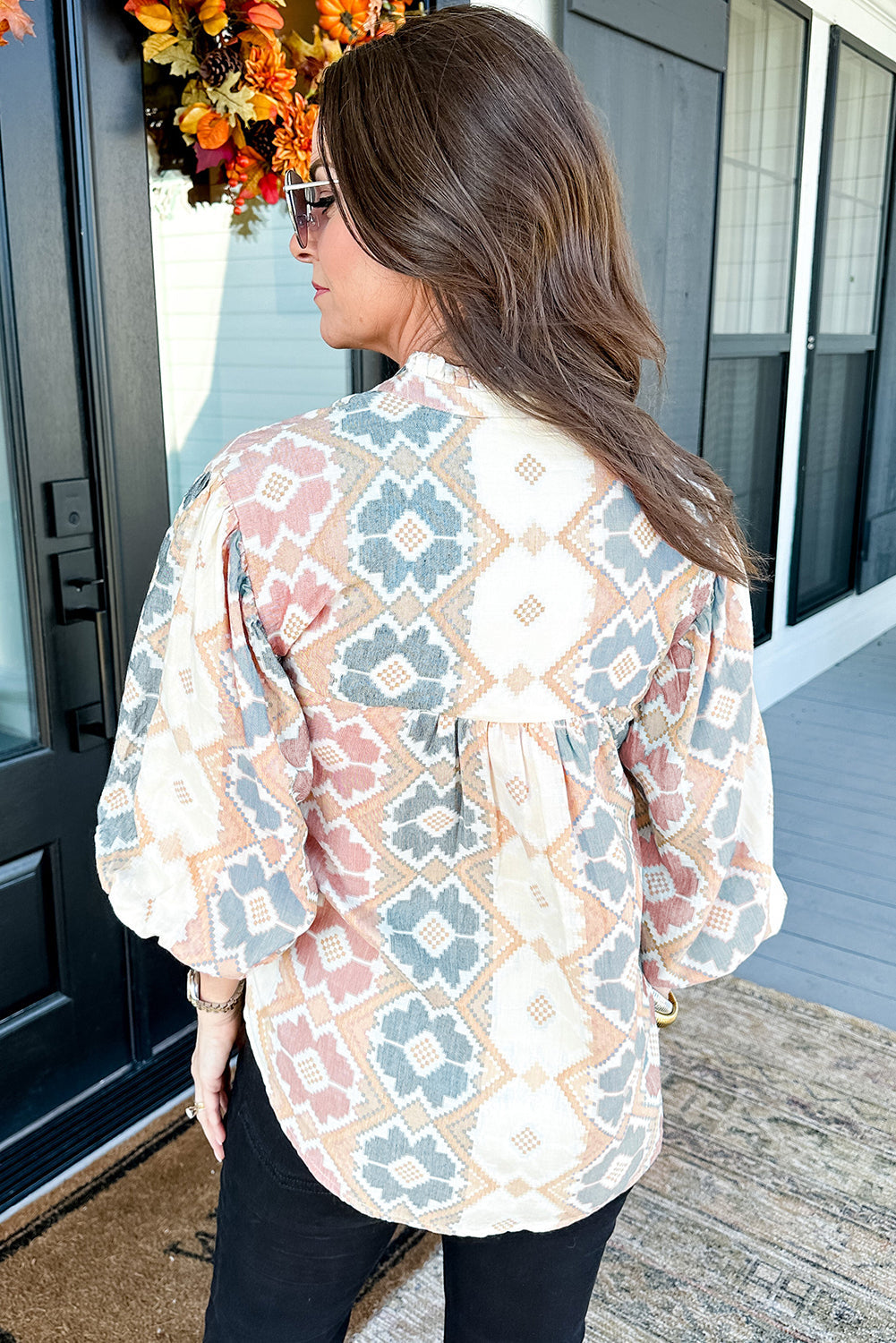 Khaki Geometric Print Tassel Tie Split Neck Balloon Sleeve Blouse eAura