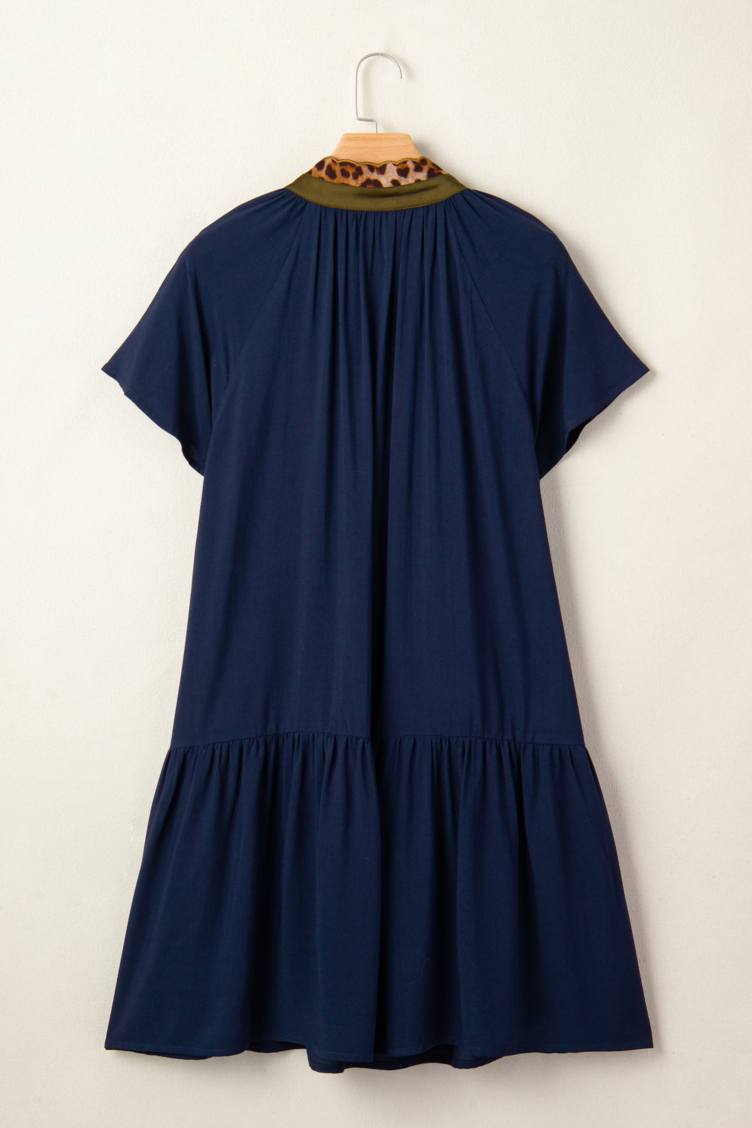 Button Detail Leopard Metallic Trim Short Sleeve Tunic Dress