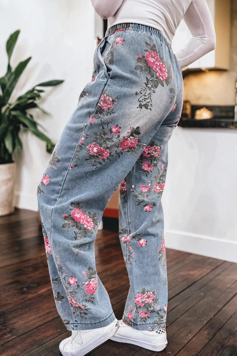 Floral Print Elastic Waist Pull On Casual Jeans