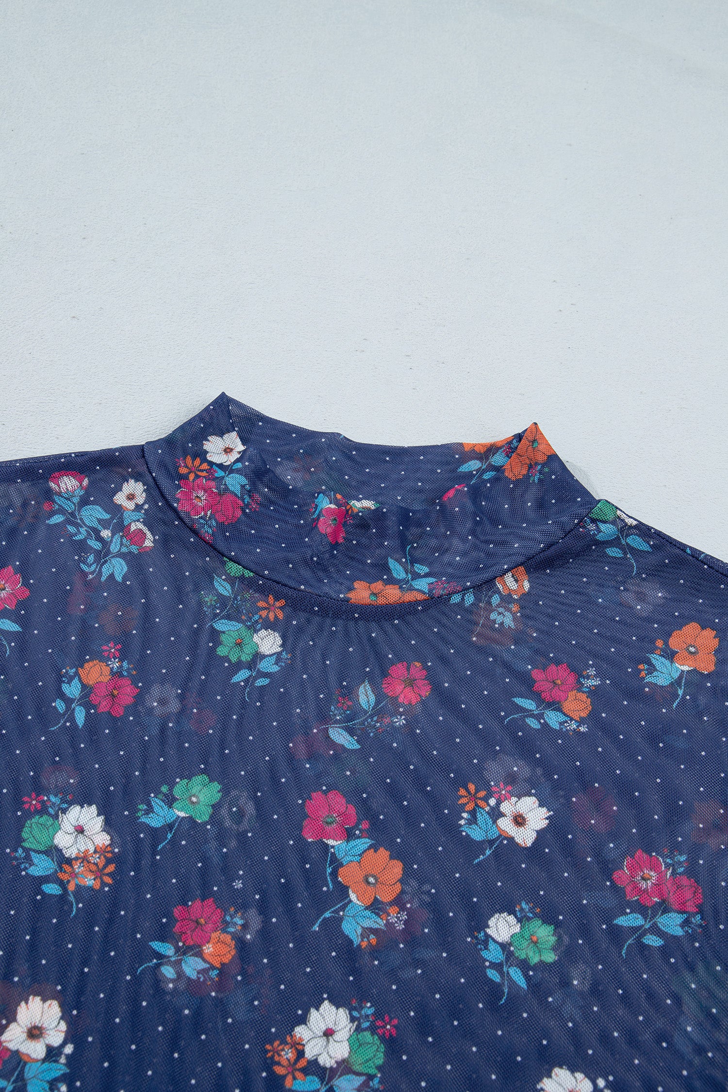 Polka Dot Floral Mesh Long Sleeve High Neck Pullover Sheath Top – Blue