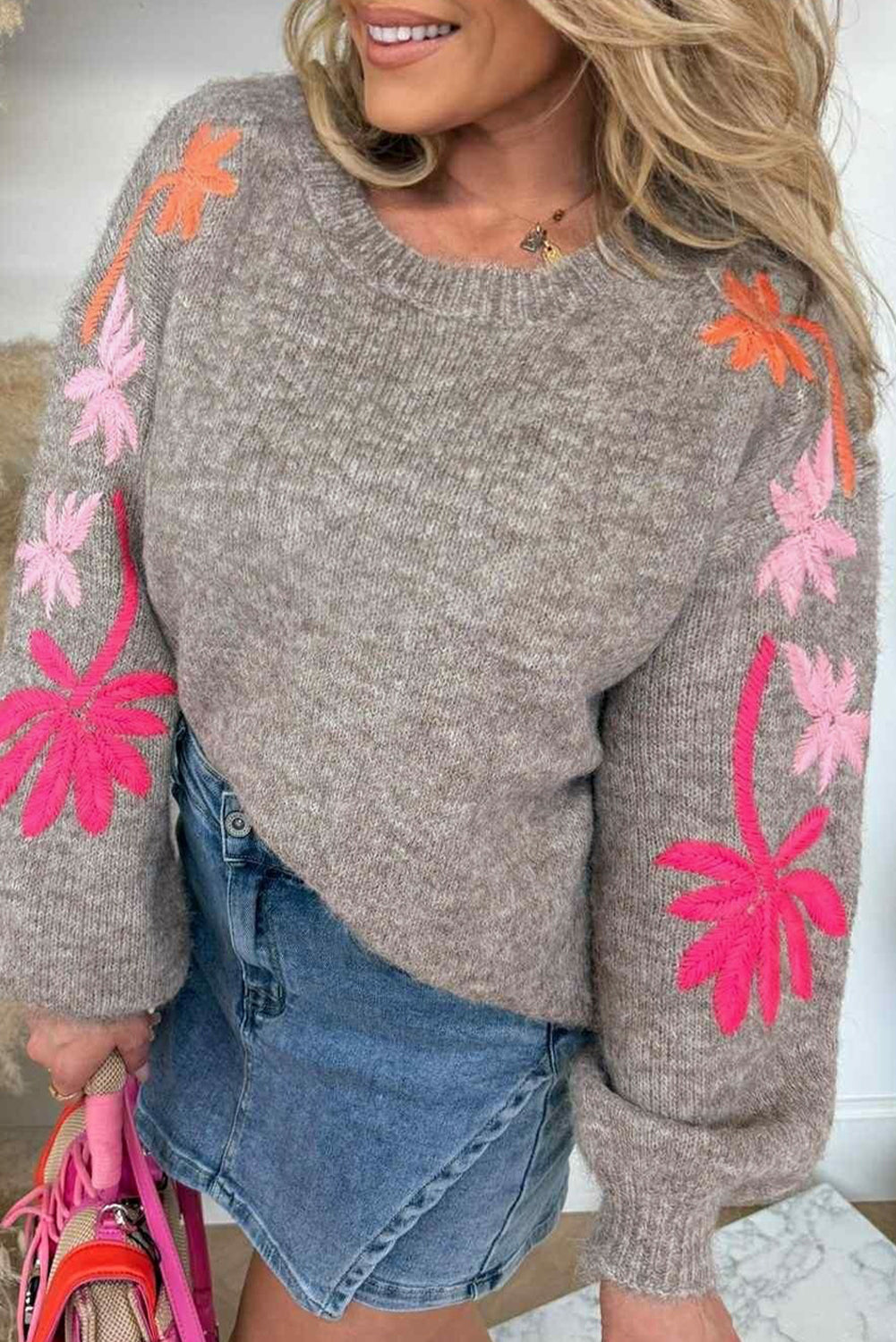 Embroidered Floral Sleeve Round Neck Loose Sweater eAura