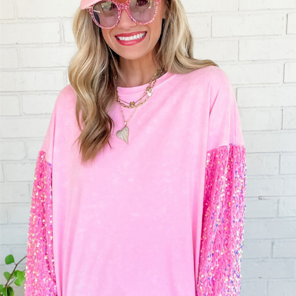 Pink Sequin Patchwork Long Sleeve Pullover Top beagle boutique