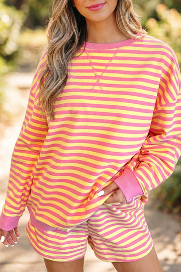 Color Block Trim Round Neck Long Sleeve Top Casual Shorts 2pcs Set – Yellow Stripe