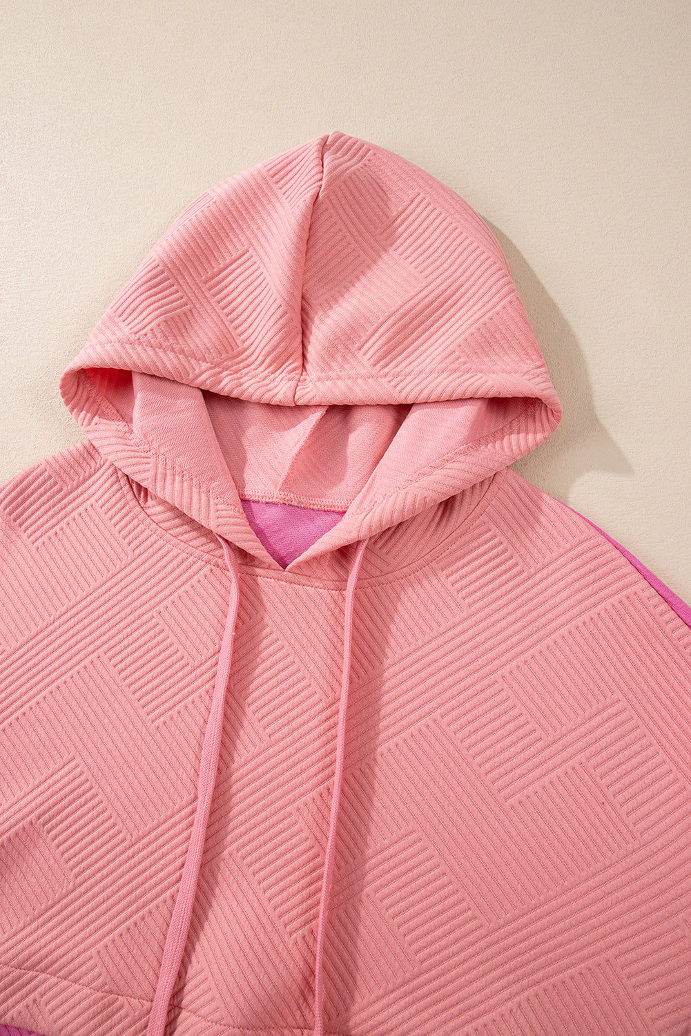 Pink Textured Colour Block Kangaroo Pocket Drop Shoulder Hoodie eAura