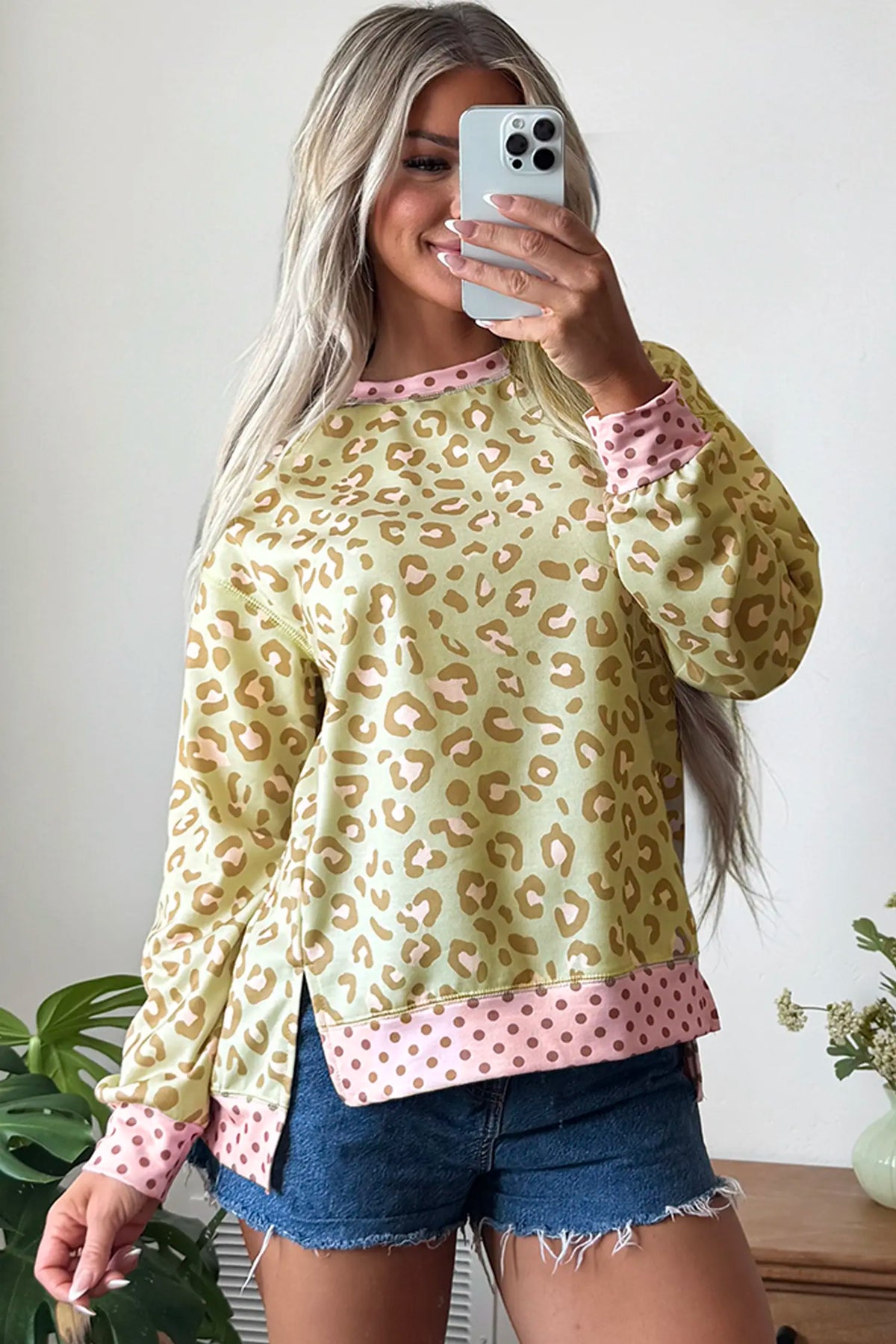 Leopard Polka Dot Colourblock Trim Long Sleeve Top – Khaki