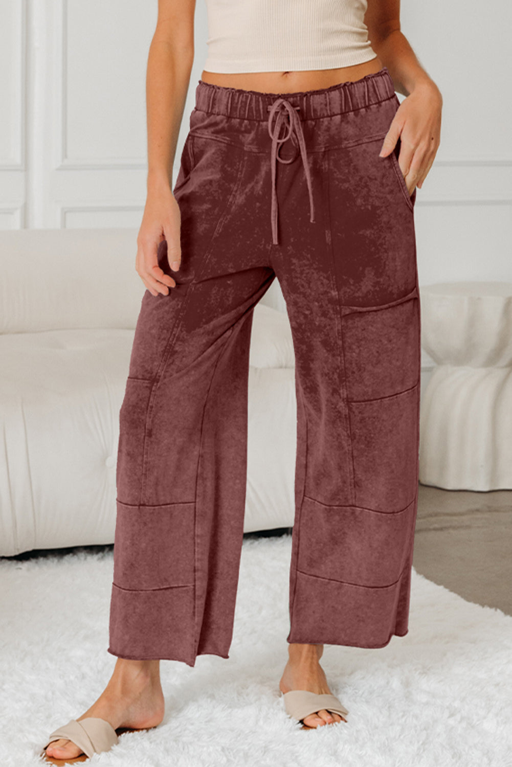 Mineral Wash High Waist Raw Hem Patched Trousers - eAura