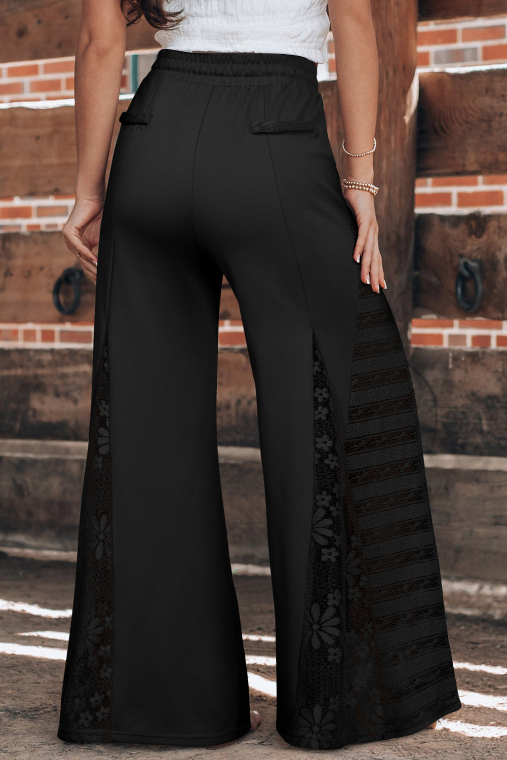 Black Boho Lace Patchwork Wide Leg High Waist Trousers eAura
