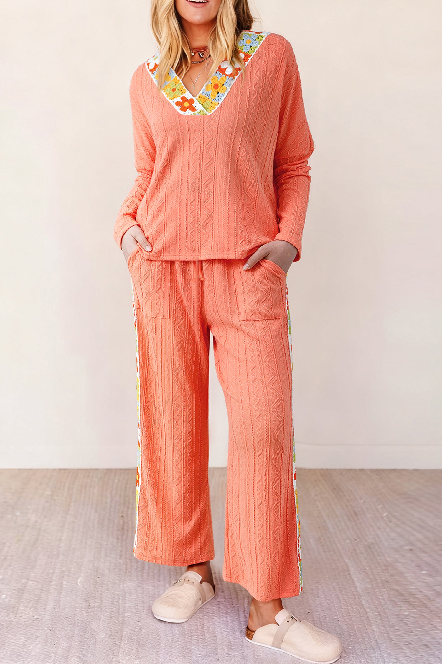 Orange Crochet Floral Accent V-Neck Textured Trouser Set - L - Two Piece Sets/Pant Sets