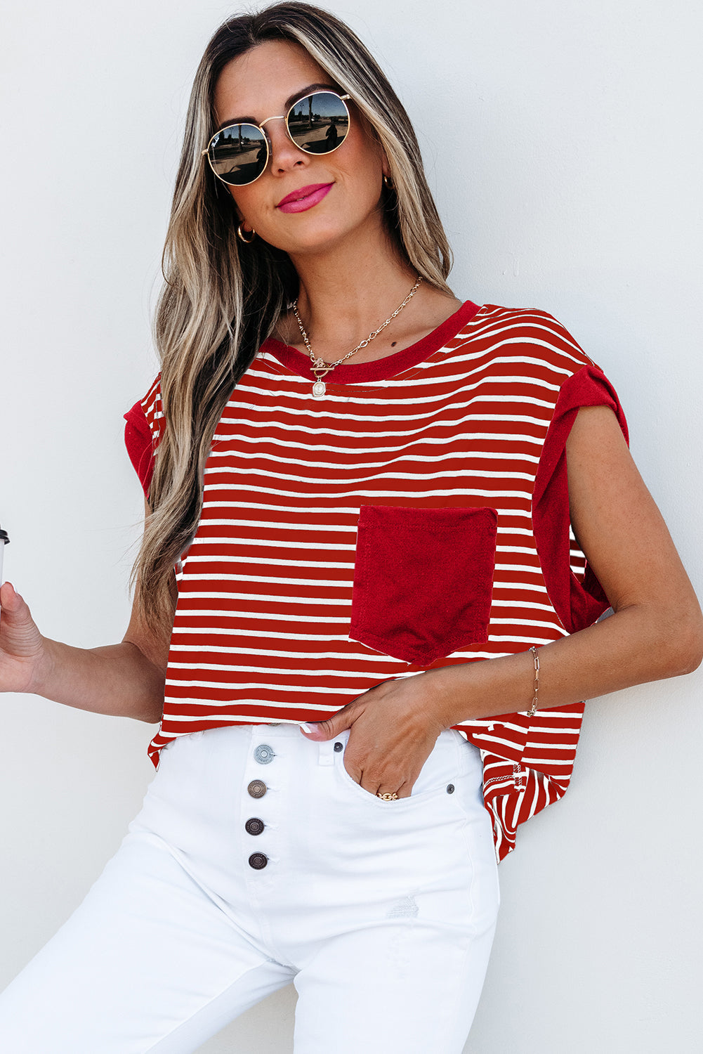 Red Stripe Chest Pocket Patch Round Neck Tank Top eAura
