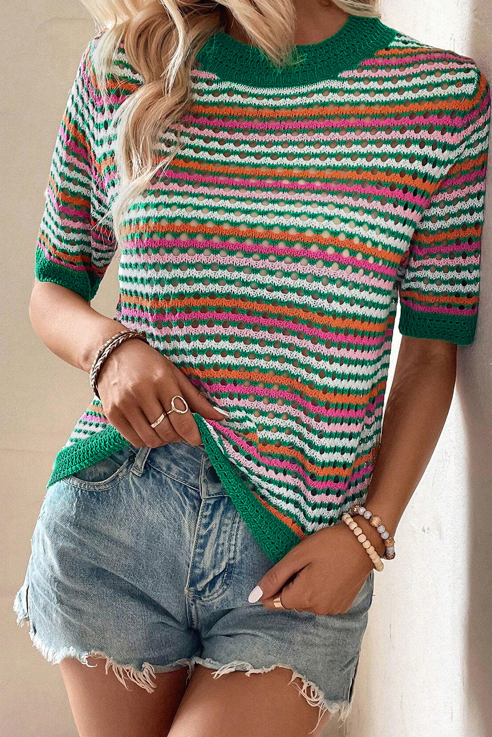 Dark Green Striped Pattern Contrast Trim Pointelle Knit T Shirt eAura