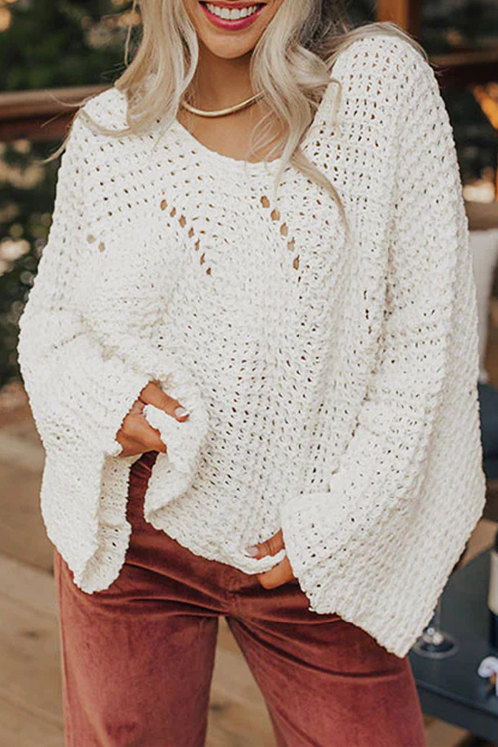 Hollowed Detail Wide Sleeve Baggy Sweater - eAura