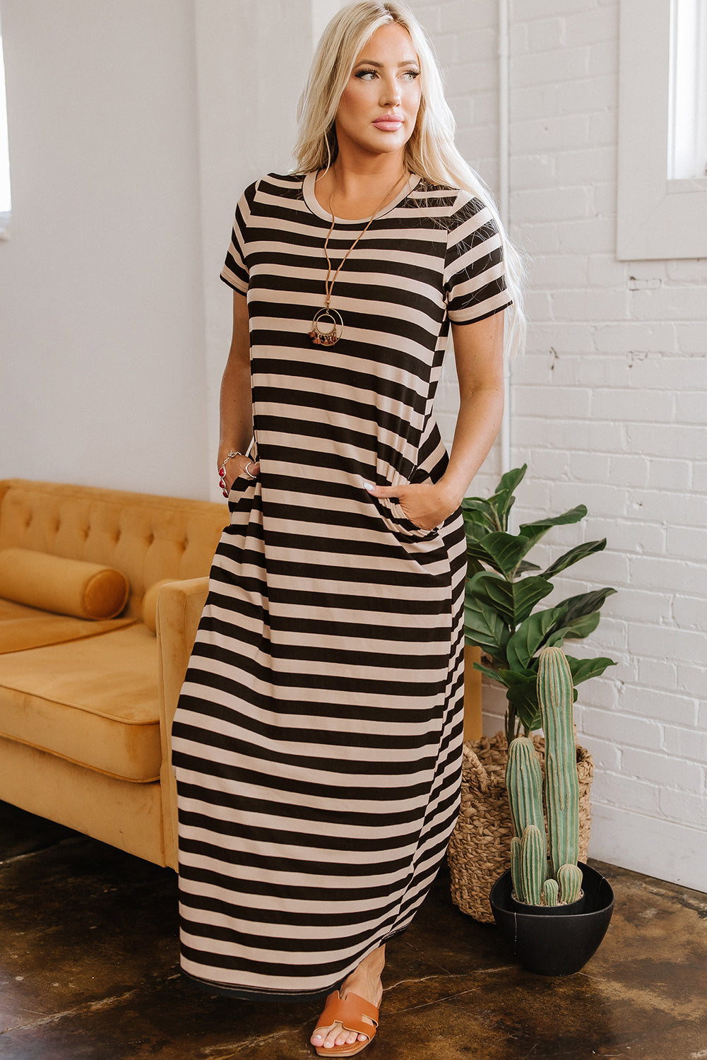 Black Stripe Casual Round Neck T-shirt Maxi Dress with Pockets BB Fashion Outlet