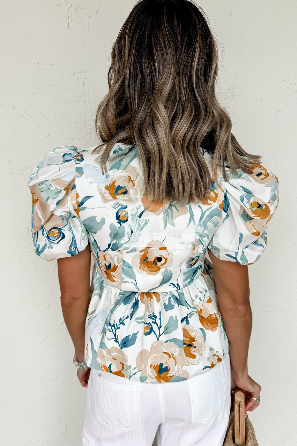 Green Floral Print Puff Sleeve V Neck Babydoll Blouse eAura