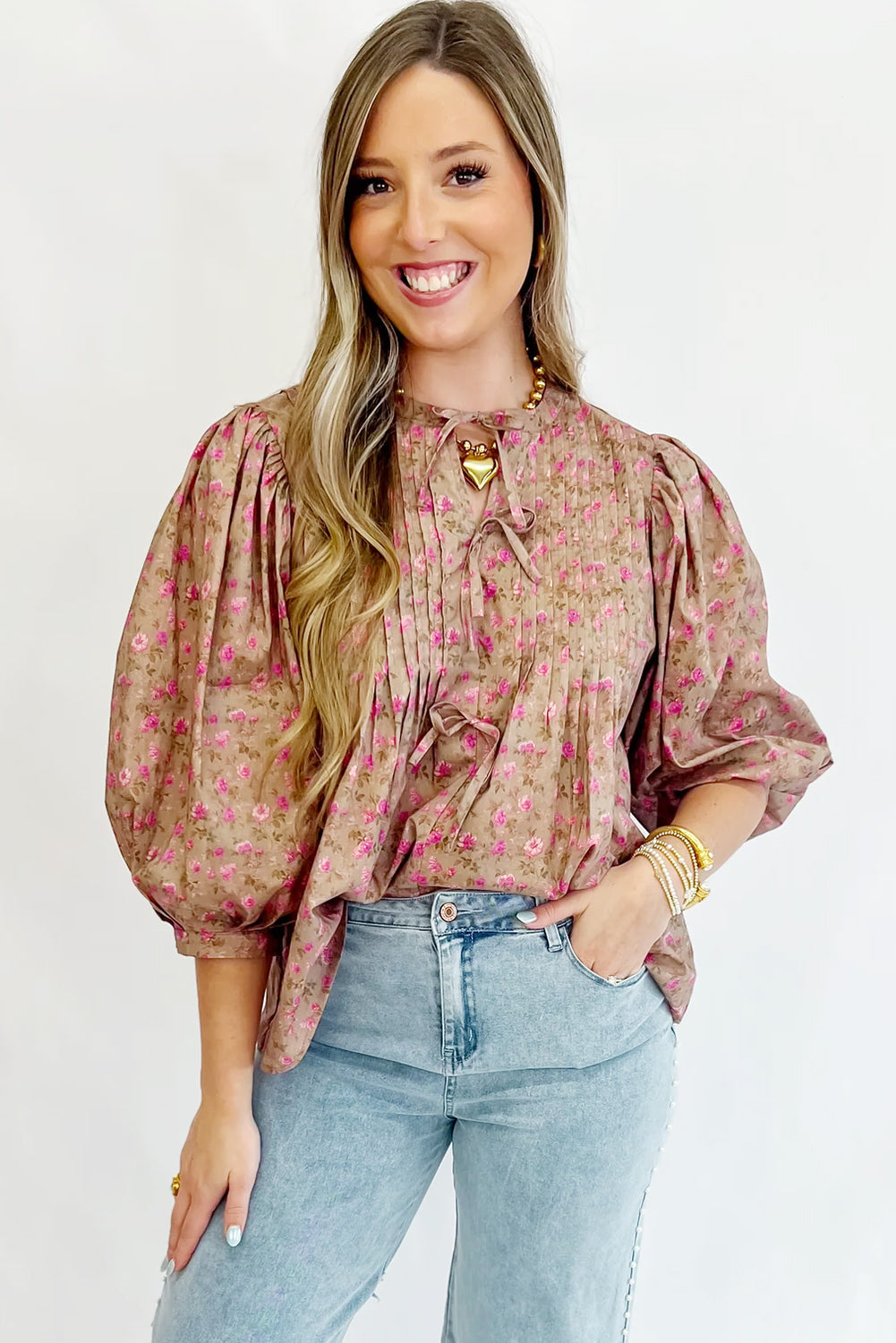 Floral Print Bow Pintuck Bust Half Puff Sleeve Blouse eAura