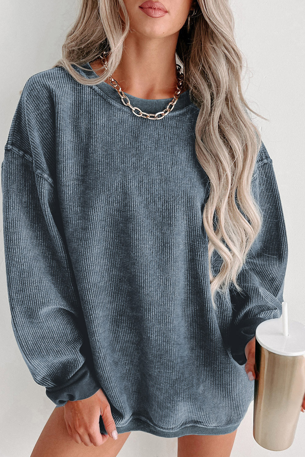 Green Solid Ribbed Knit Round Neck Pullover Sweatshirt eAura