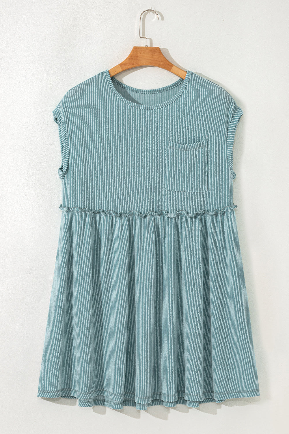 Canton Ribbed Knit Textured Patched Pocket Frilled Swing Mini Dress with Pockets eAura