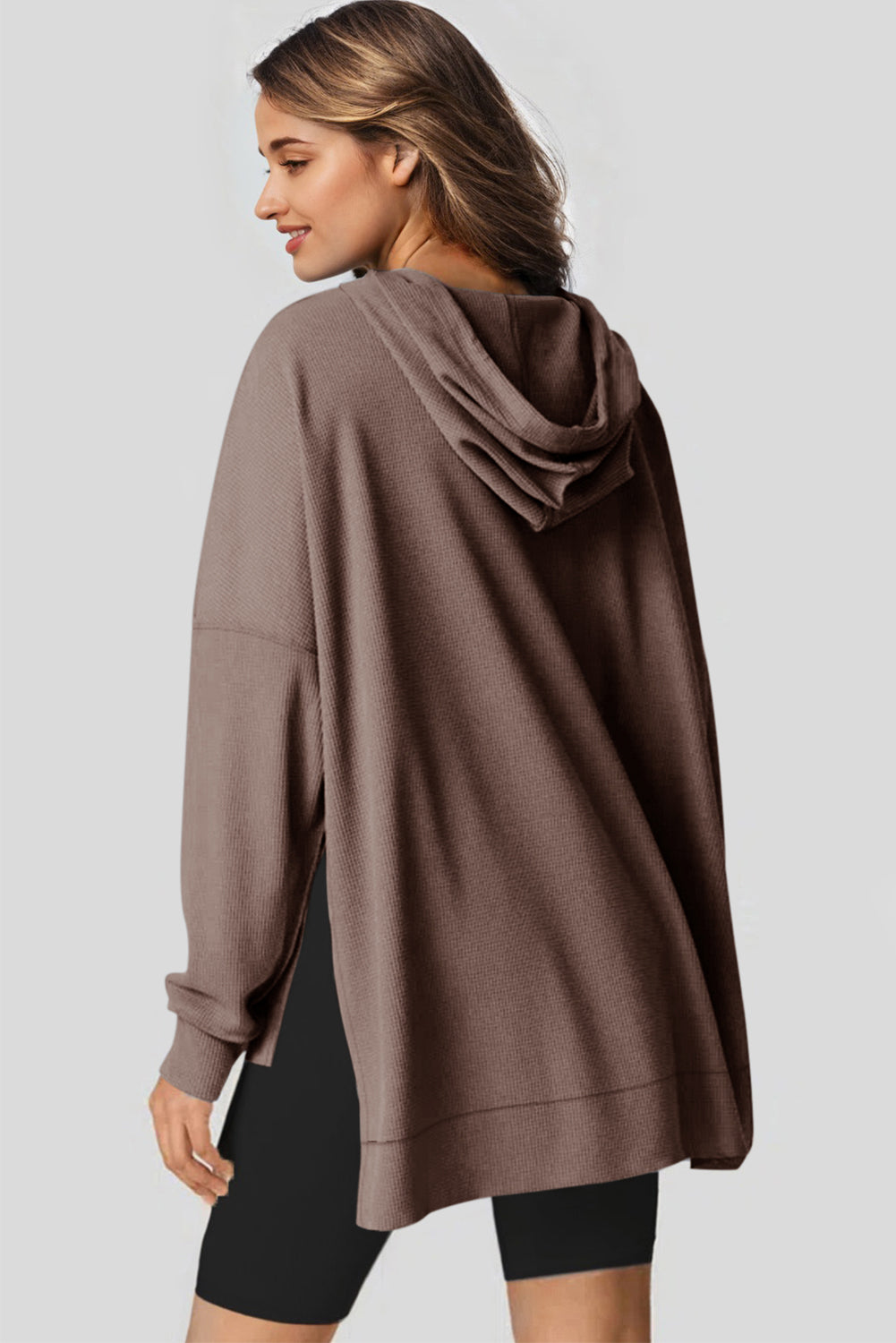 Light Pink Waffle Knit Fleece Lined High Low Oversized Hoodie eAura