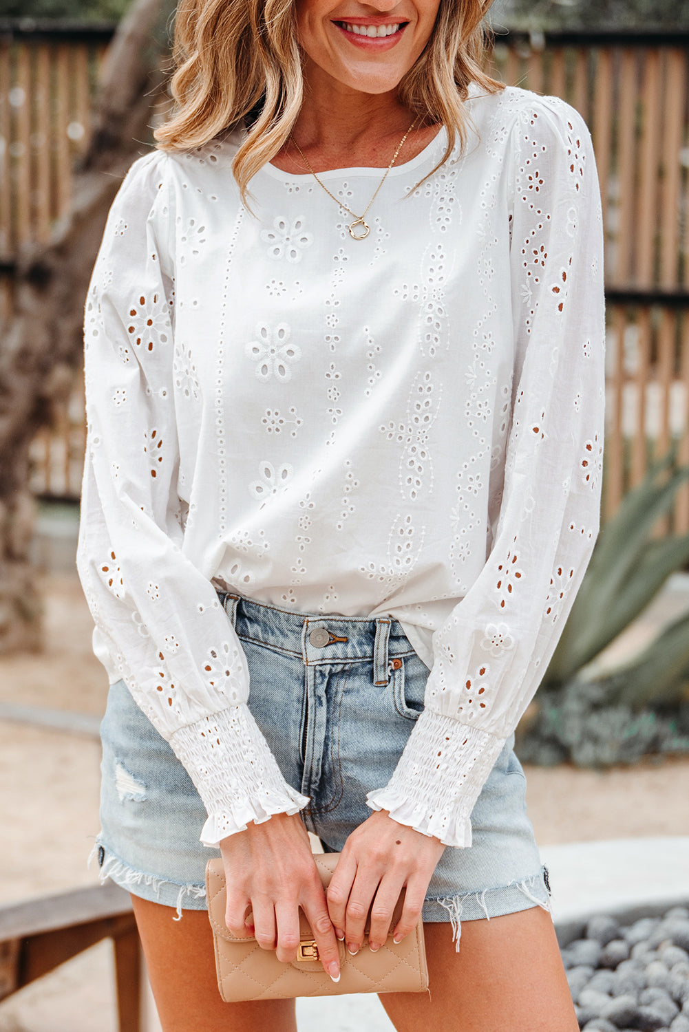 White Eyelet Embroidered Smocked Cuff Sheer Blouse eAura