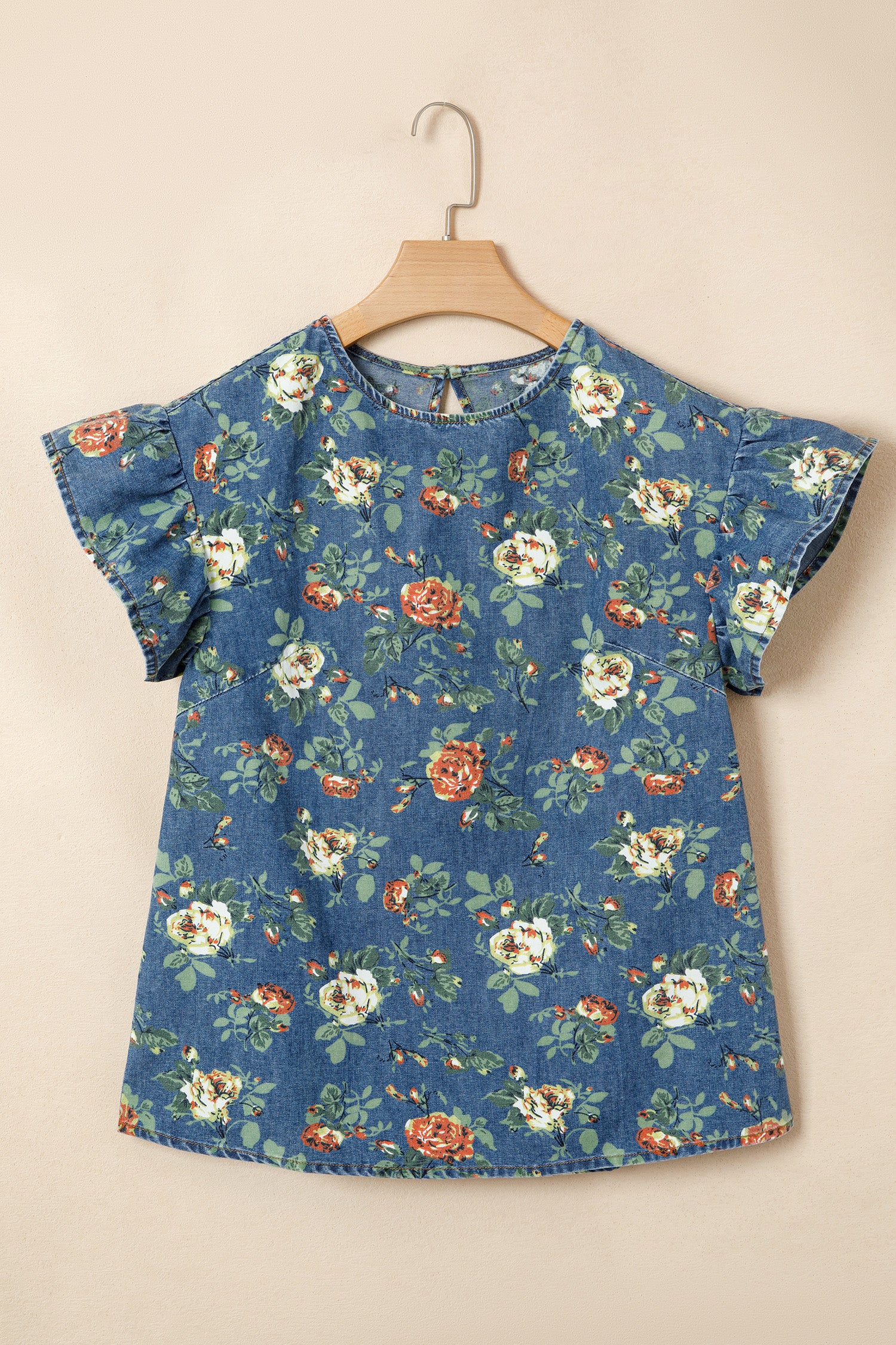 Ruffled Short Sleeve Floral Denim Top