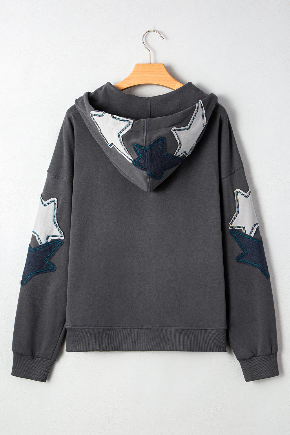 Star Patchwork Contrast Stitching Mineral Wash Kangaroo Pocket Vintage Hoodie - Tops/Sweatshirts & Hoodies
