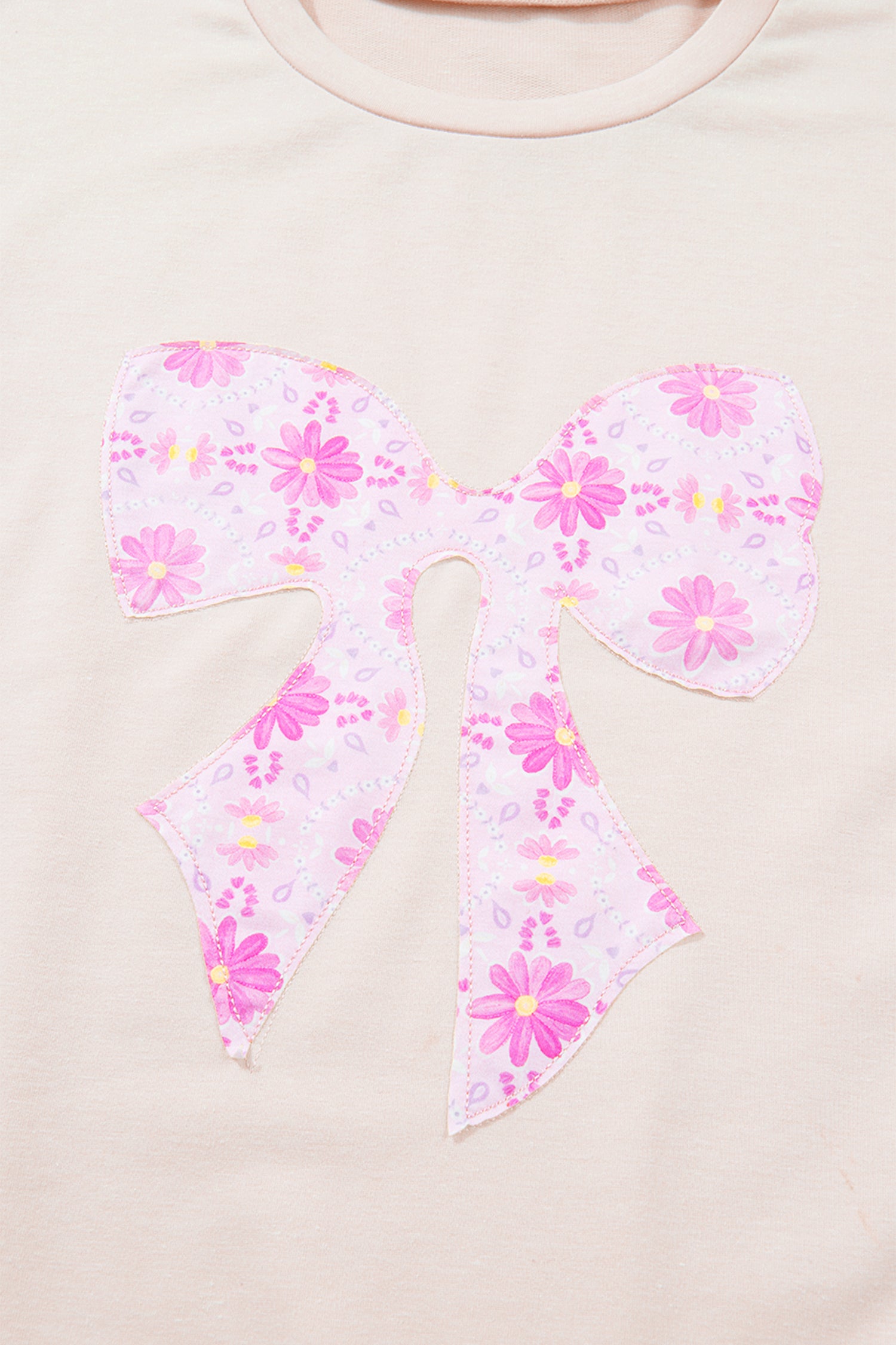Daisy Floral Bow Contrast Patchwork Loose T Shirt – Apricot