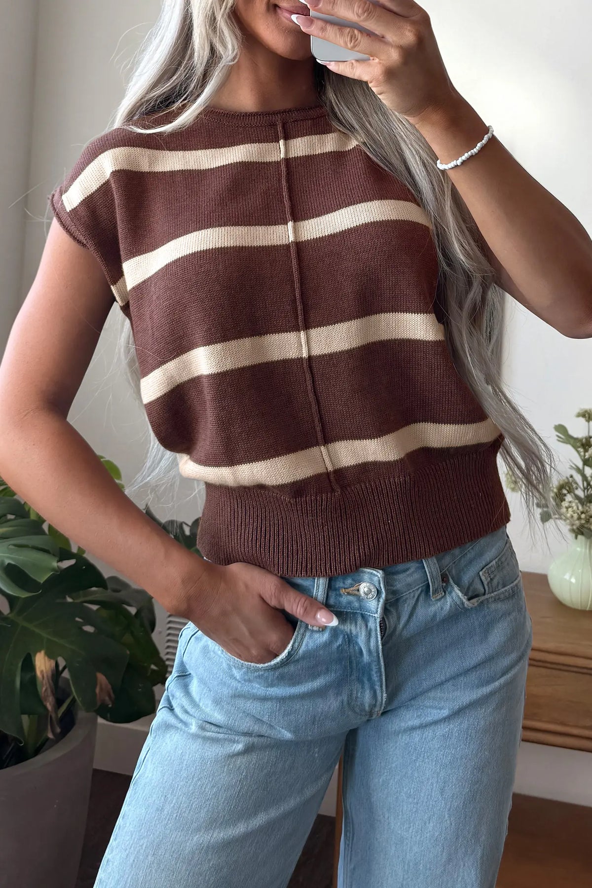 Knit Western Short Sleeve Sweater – Brown Stripe