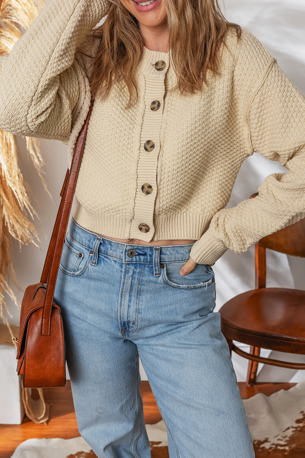 Beige Button Front Cropped Cardigan
