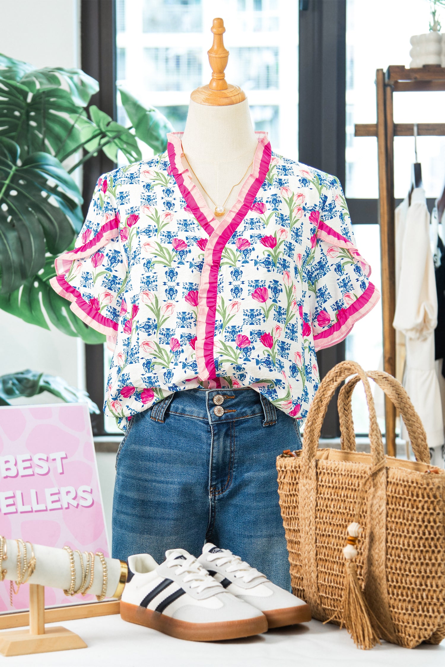 Floral Print Ruffle V-Neck Short Sleeve Loose Tunic Shirt – Rose