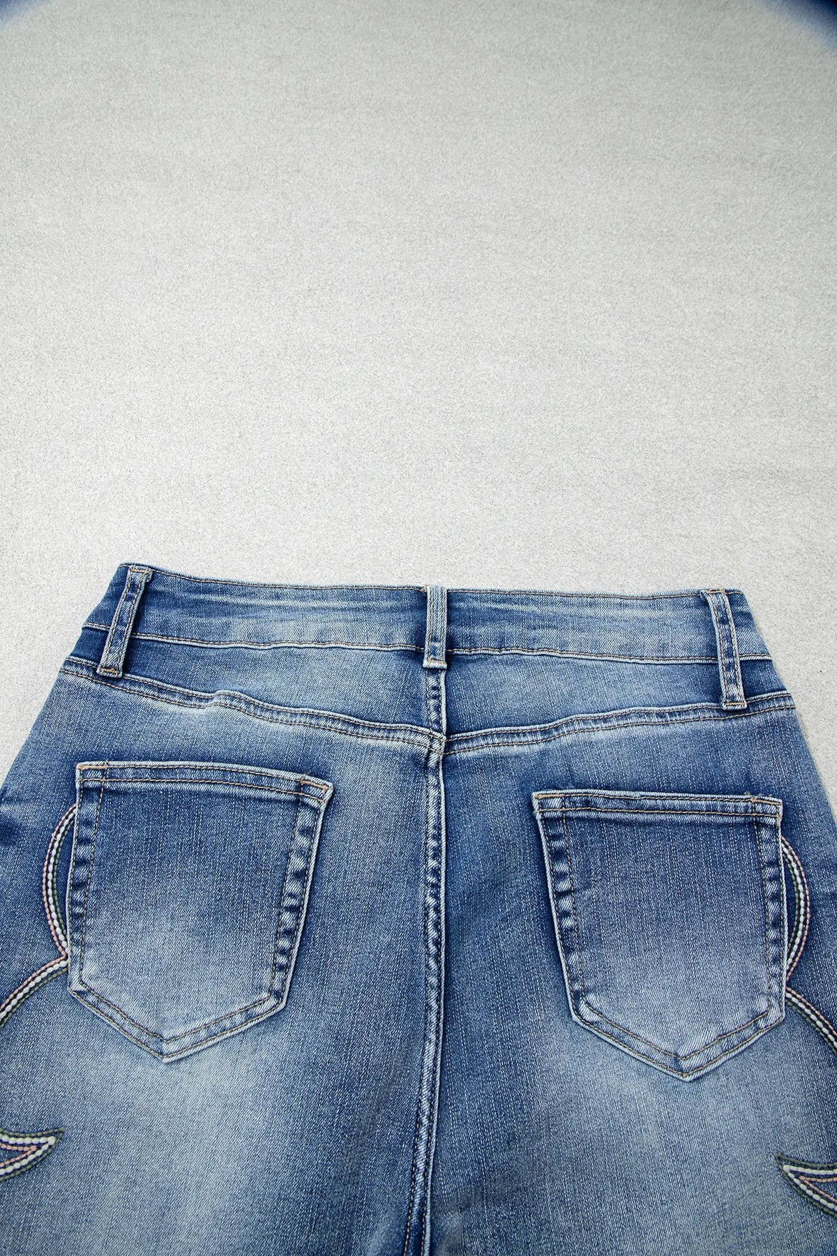 Western Embroidered Flare Full Length Jeans – Blue