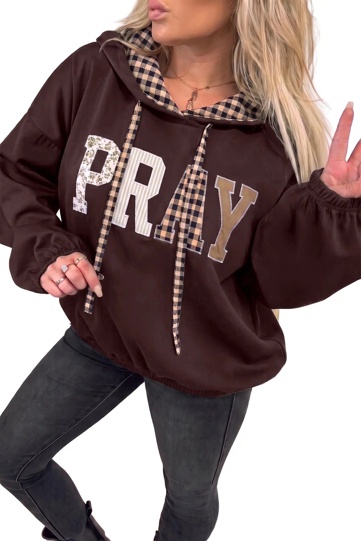Hoodie with Drawstring and Plaid-Contrast PRAY Graphic