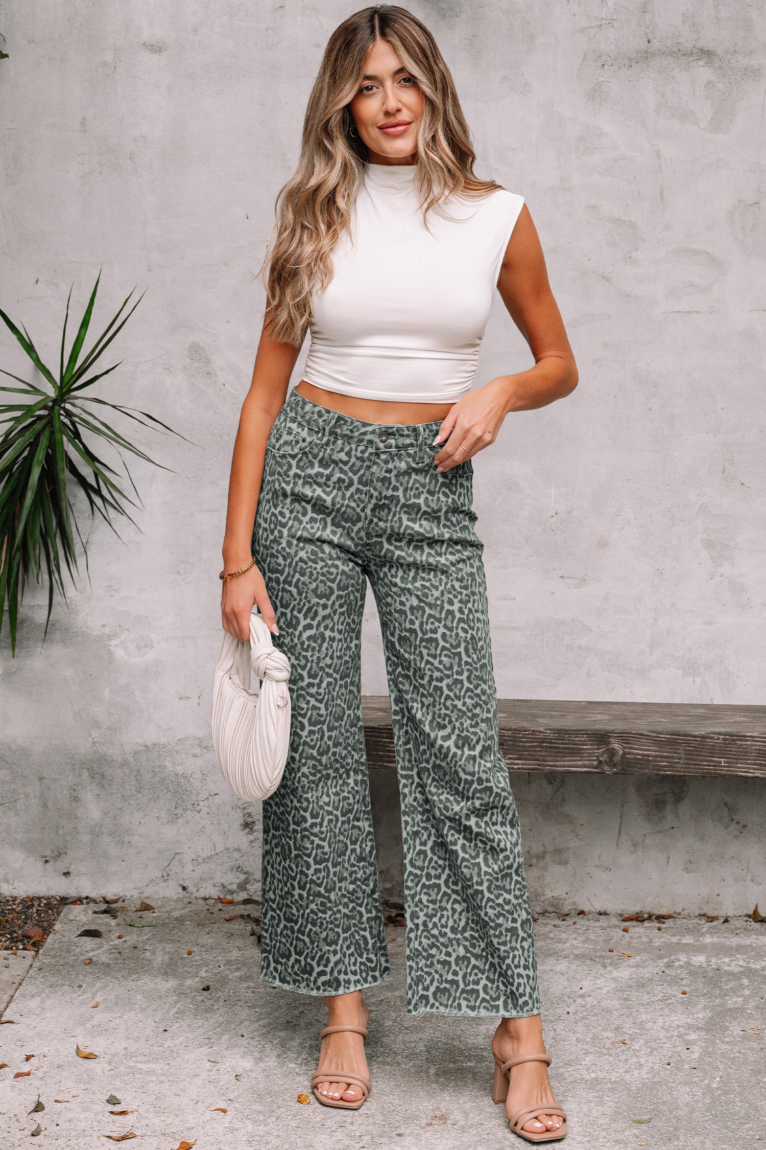 Leopard Frayed Edge Wide Leg High Waist Jeans