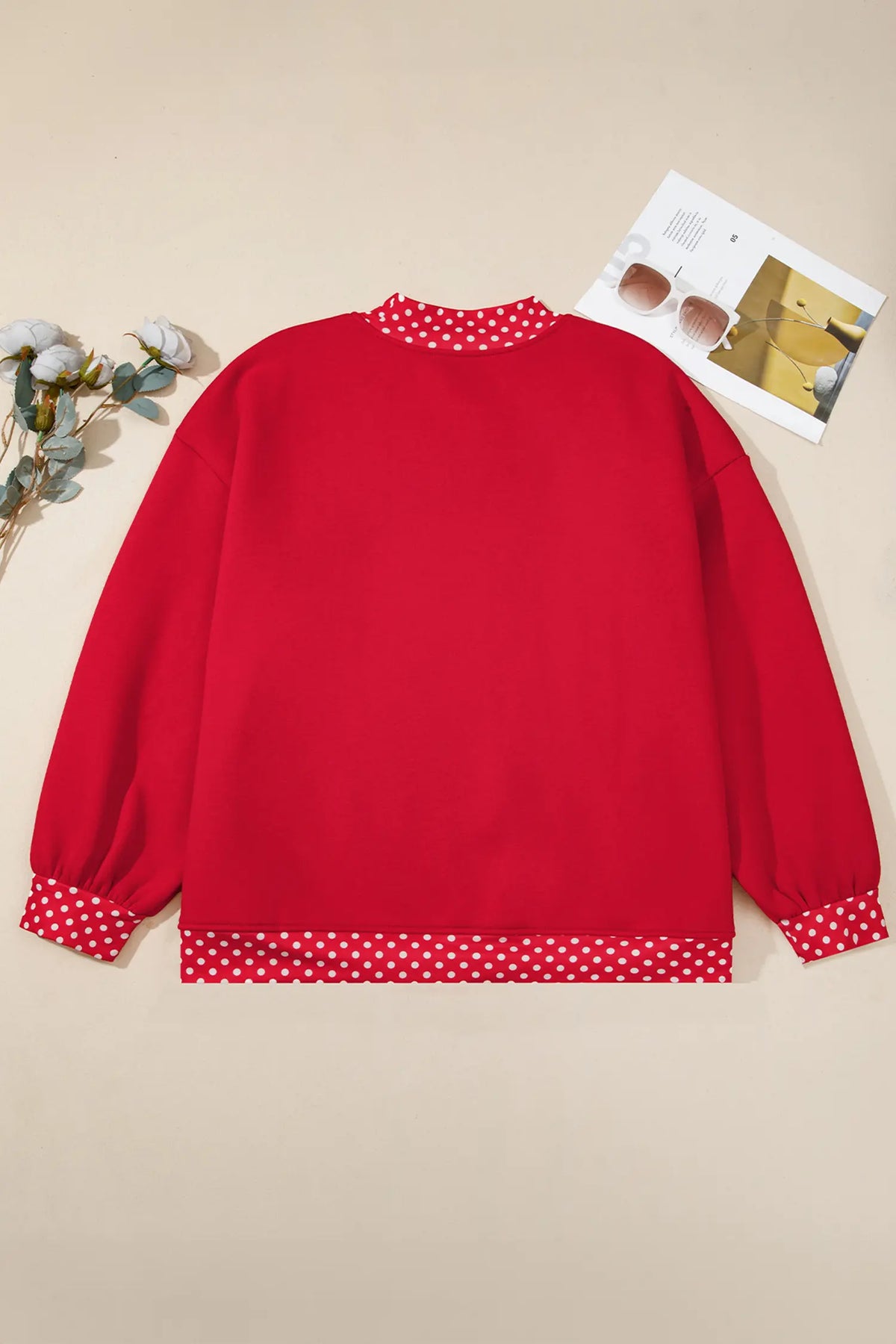 Polka Dot Patchwork Round Neck Plus Size Sweatshirt – Racing Red