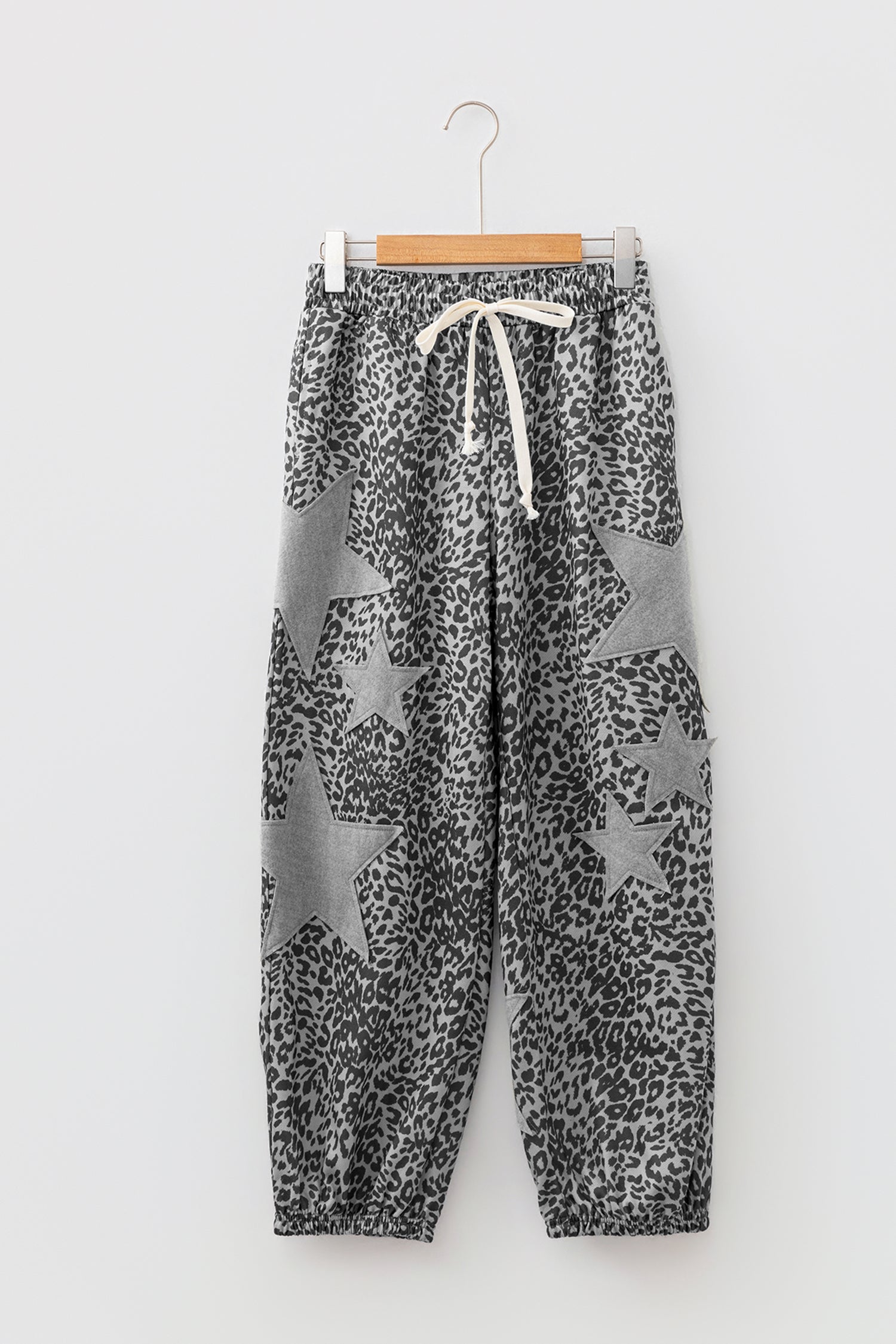 Leopard Print Star Patched Drawstring Elastic Waist Jogger Pants – Khaki