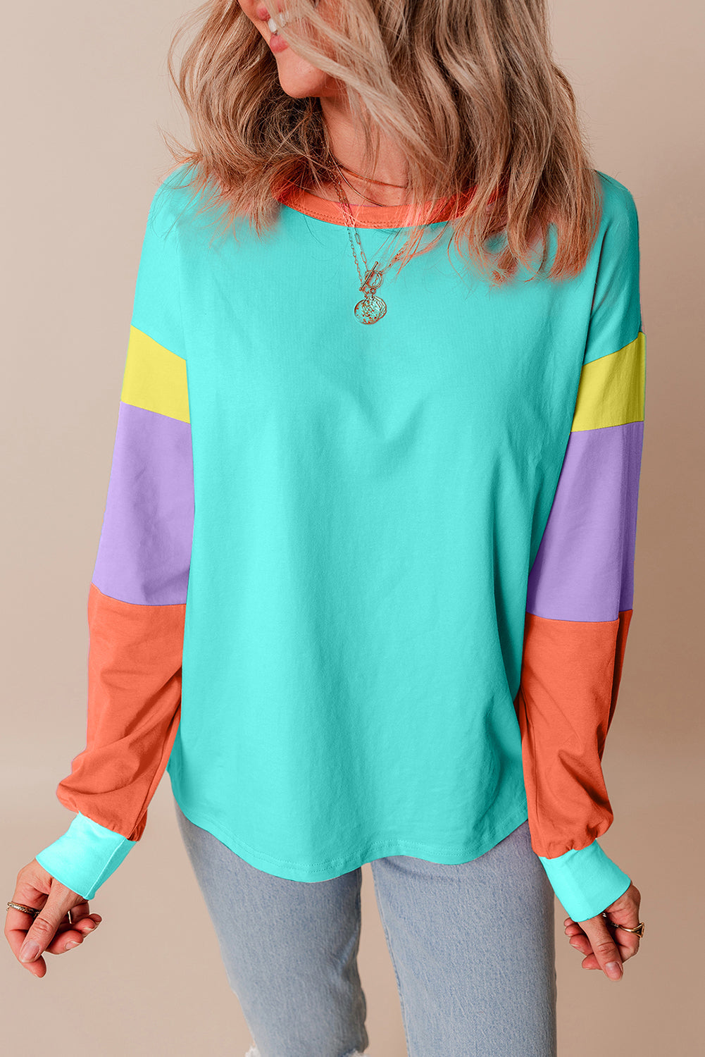 Dark Blue Colourblock Patchwork Long Sleeve Loose Top eAura
