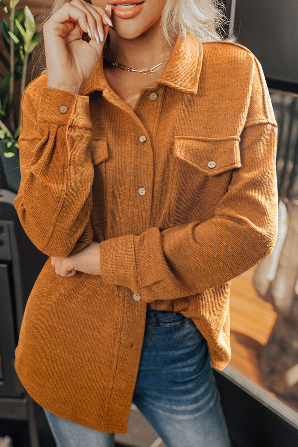 Orange Pocket Textured Casual Shacket Dear-Lover Dropshipping