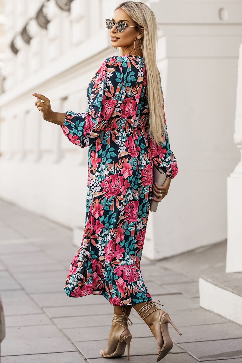 Fiery Red V Neck Elastic High Waist Split Floral Dress eAura