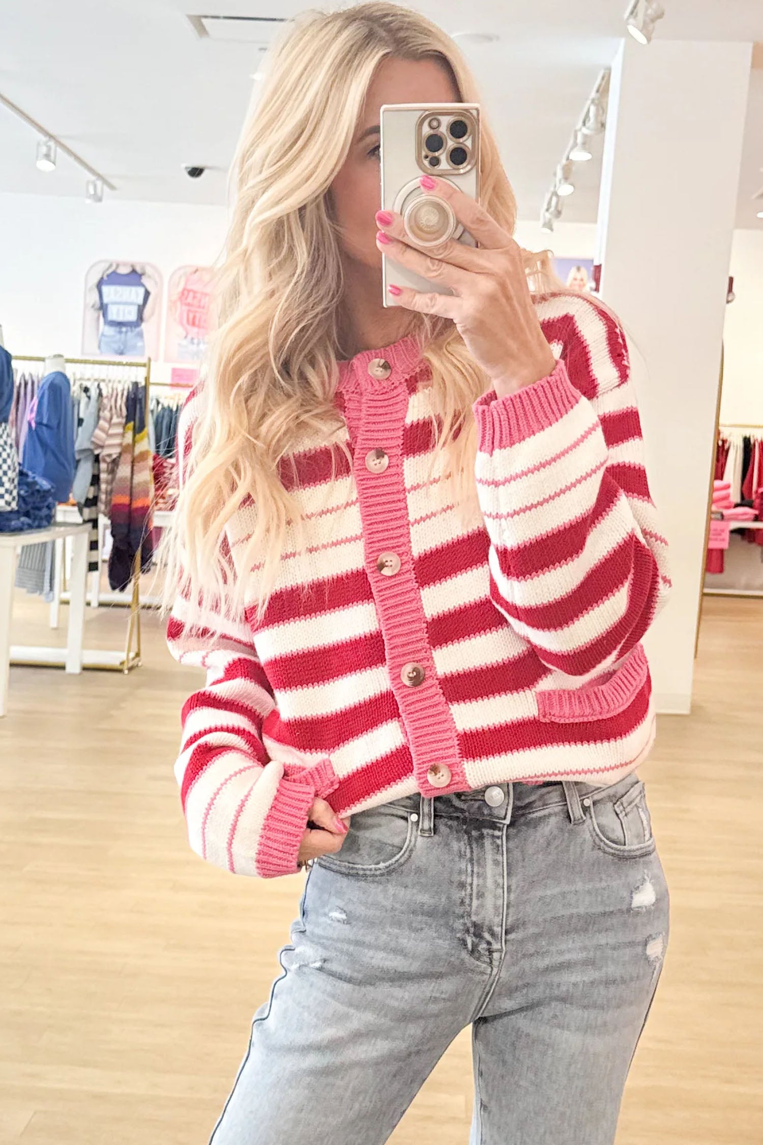 V Neck Long Sleeve Regular Fit Cardigan – Red Stripe