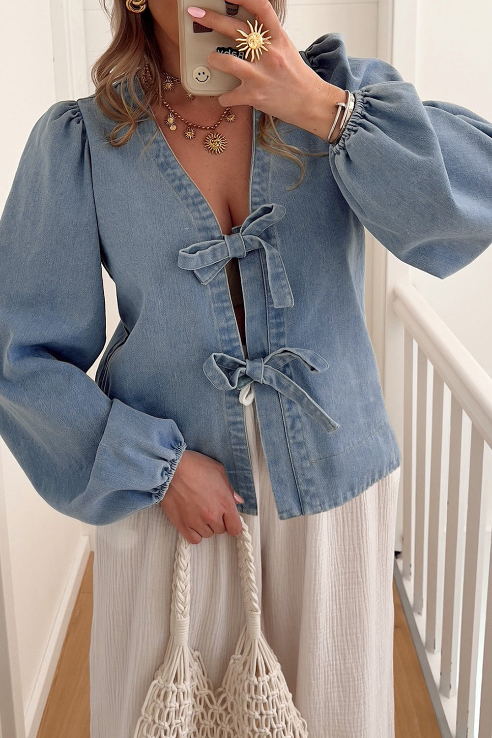 Tied Front Long Puff Sleeve Denim Top - eAura