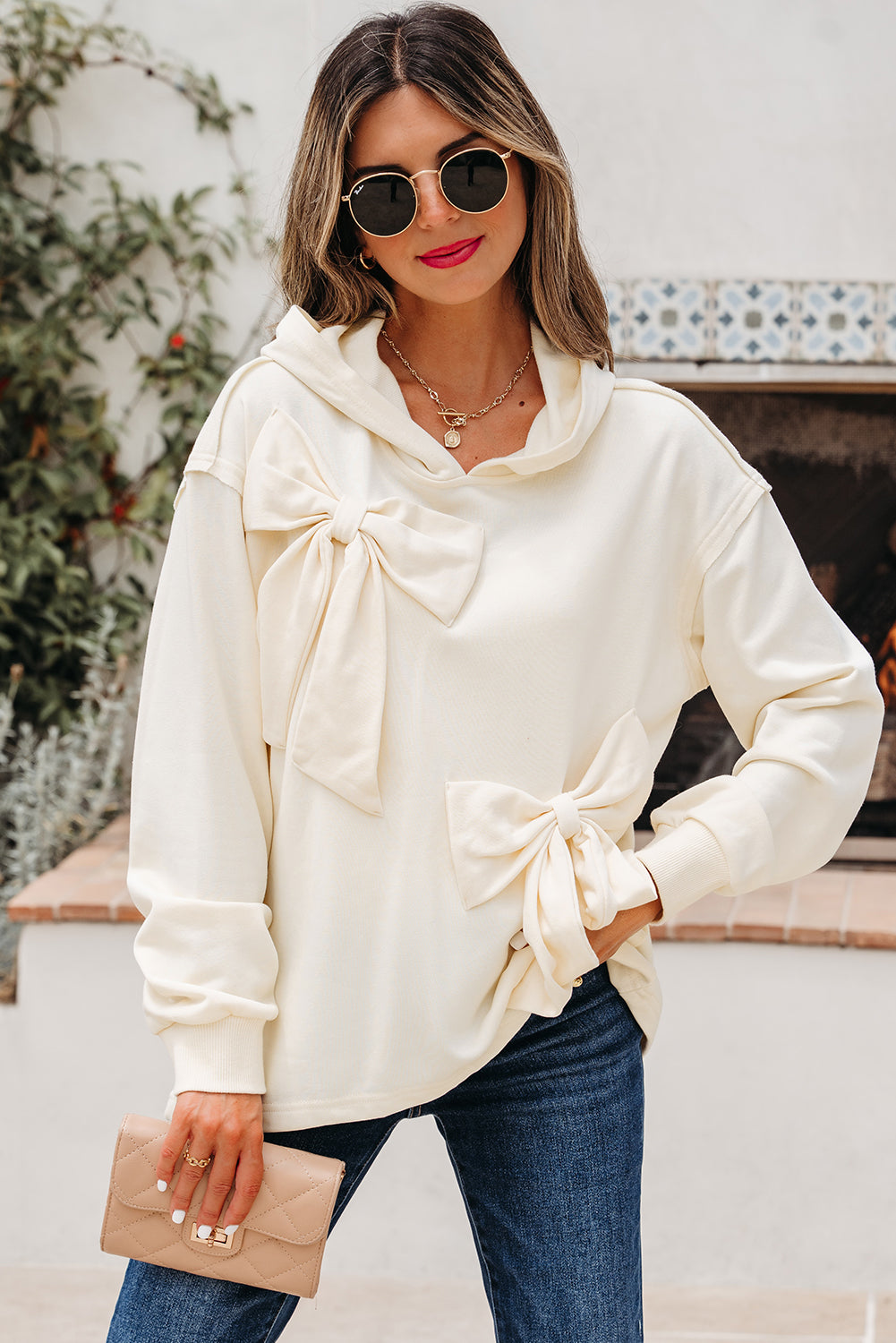 White Cute Bow Detail Baggy Hoodie eAura