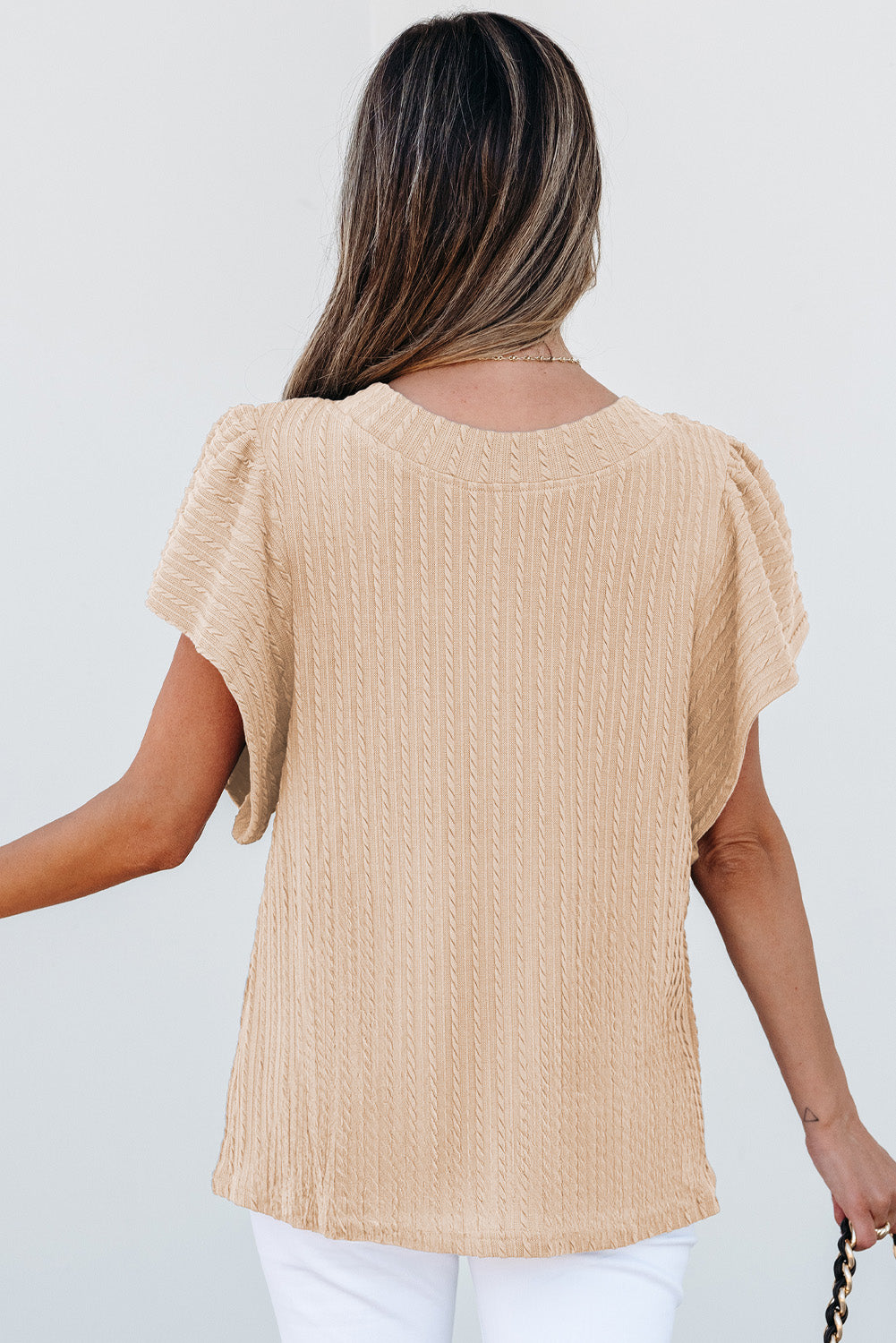 Beige Solid Colour Textured Flutter Sleeve Top eAura
