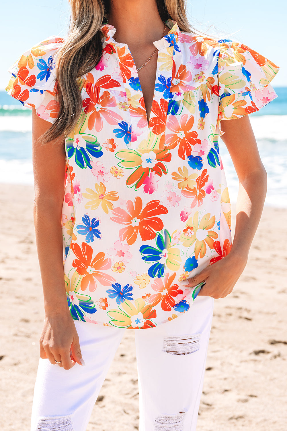 White Floral Bouquet Flutter Top BB Fashion Outlet
