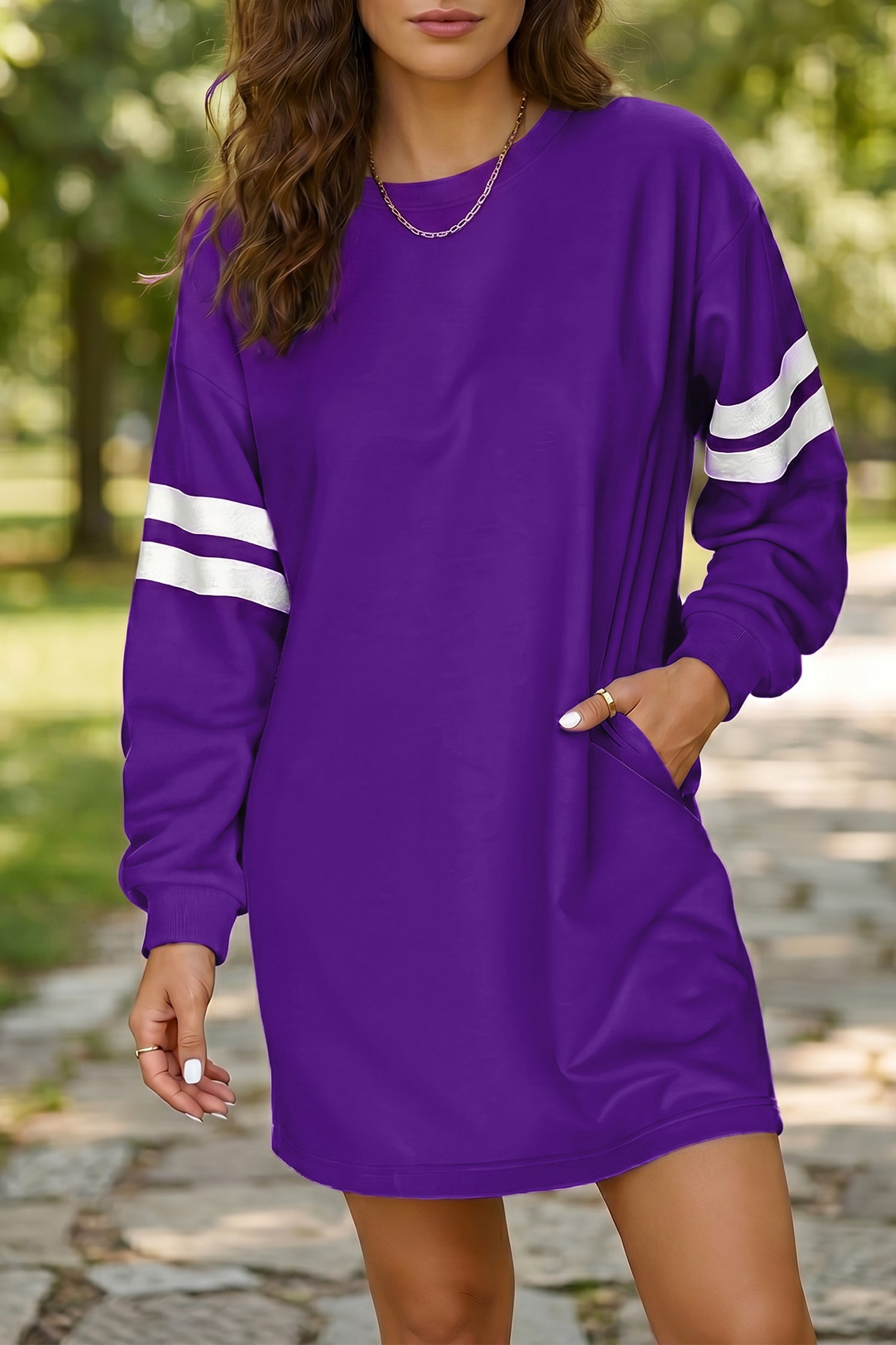 Varsity Contrast Banded Sleeve Shift Sweatshirt Dress