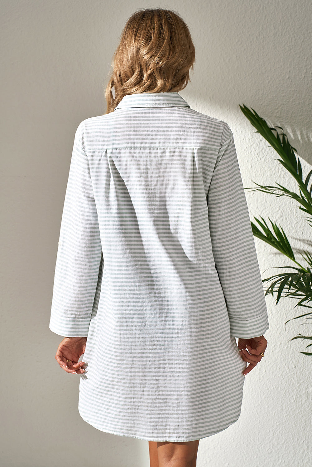 White Stripe Collared V Neck Chest Pocket Long Sleeve Beach Cover up eAura