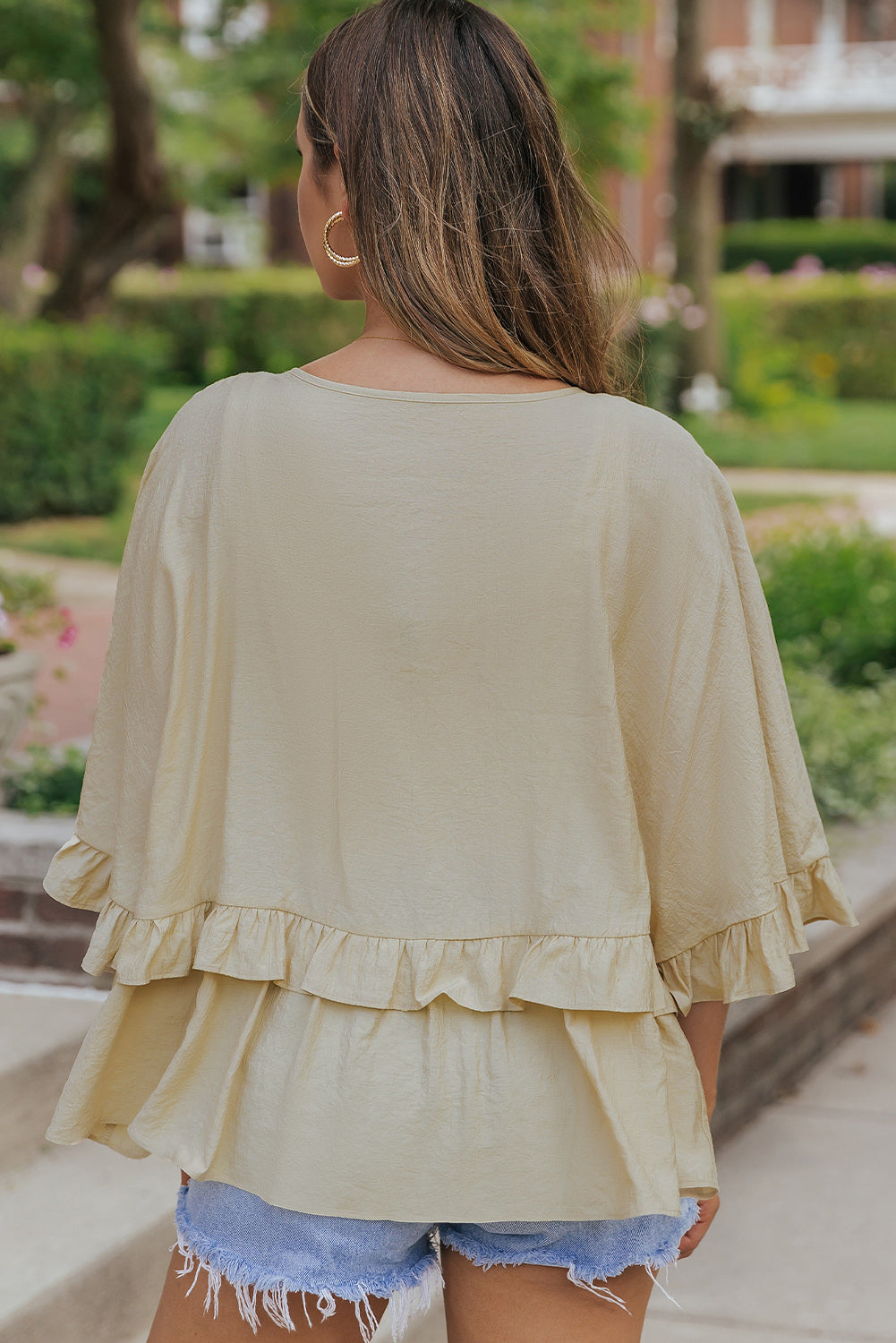 Apricot V Neck Draped Batwing Sleeve Ruffle Blouse eAura