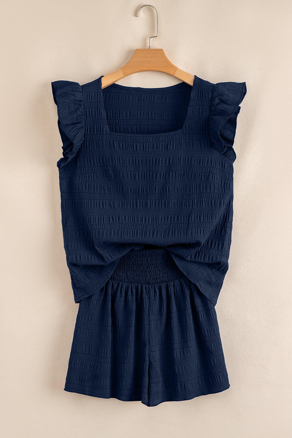 Textured Square Neck Top and Shirred High Waist Shorts Co-ord Set eAura