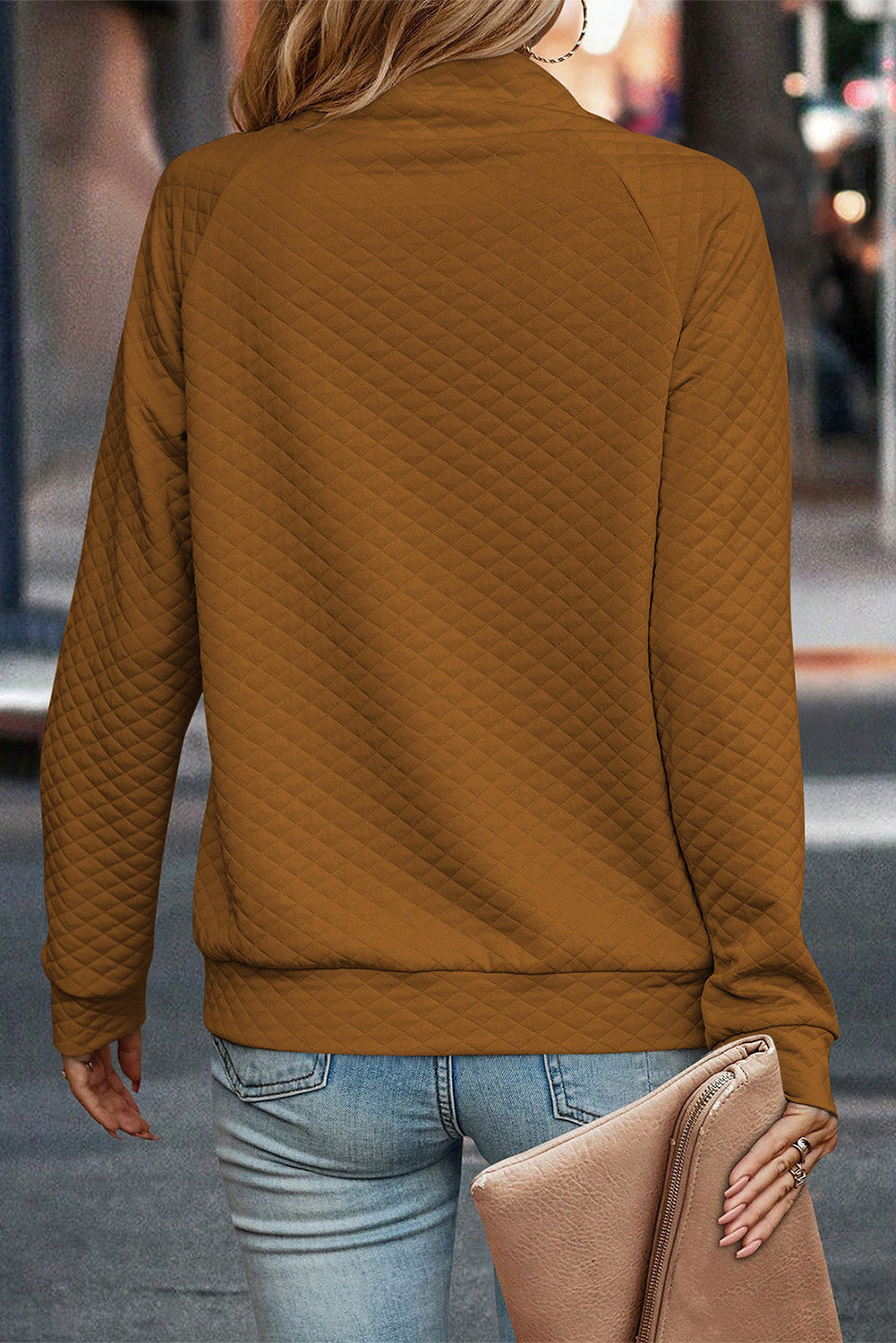 Apricot Quilted Buttoned Neckline Stand Neck Pullover Sweatshirt eAura